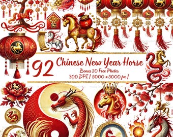 May include: A collection of 92 Chinese New Year Horse themed graphics. The images include red lanterns, dragons, horses, and a yin-yang symbol. The text "Chinese New Year Horse" is displayed prominently.