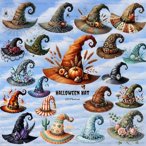 May include: A collection of 20 digitally illustrated Halloween hats in various styles. The hats feature diverse designs, including spiders, webs, pumpkins, and floral accents. The text "HALLOWEEN HAT (20 Photos)" is displayed in the center.