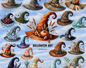 Akwarela z kapeluszem czarownicy na Halloween – 20 ilustracji PNG (pobieranie cyfrowe)