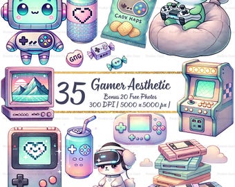 Watercolor Gamer Clipart Bundle | Cozy Gaming PNG Set (Digital Download)