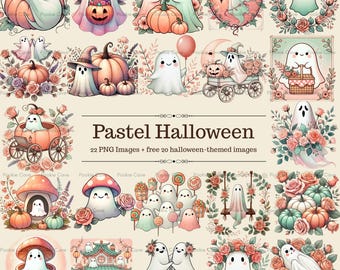 Pacote de Clipart de Halloween em Tons Pastel – Fantasmas e Abóboras Fofos e Kawaii (Download Digital PNG)