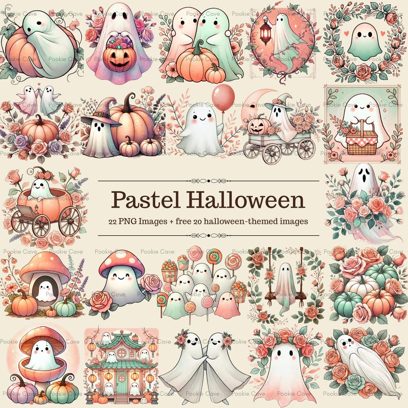 Pastel Halloween Clipart Bundle – Cute Kawaii Ghosts & Pumpkins (PNG ...