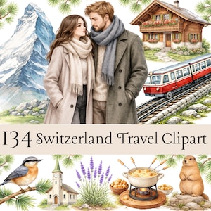 Switzerland Travel Clipart Bundle, Alpine Watercolor PNG, Swiss Landscape Elements (Digital Download)