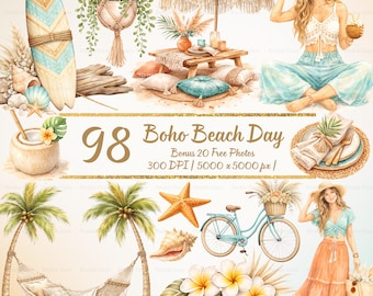 Boho Beach Day Watercolor Clipart Bundle, Coastal PNG Elements (Digital Download)