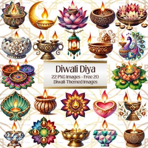 May include: A selection of colourful Diwali Diya images. The images feature various designs of oil lamps with flames, including lotus, heart, and geometric shapes. The text "Diwali Diya" and other details are also present.
