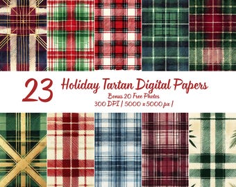 Digitaal papierpakket vakantie tartan – aquarel kerstruit (digitale download)
