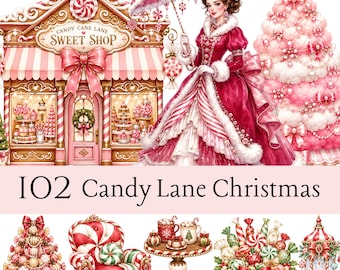May include: A digital illustration set titled 102 Candy Lane Christmas featuring a pink sweet shop, a figure in a red gown holding a striped umbrella, a pink Christmas tree, a decorated armchair, a table with mugs, and candy bowls.