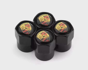 5 Pcs Porsche Black Valve Aluminium Stem Caps with Coloured Crest Set