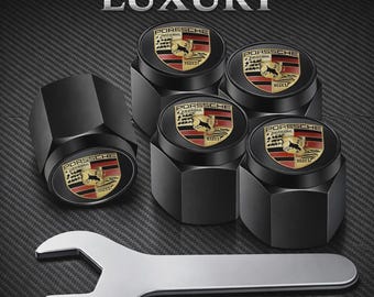 Porsche Black Valve Aluminum Stem Caps with Colored Crest Set
