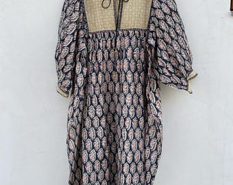 Hand Block Print Cotton Maxi Dress: Indian Bohemian Floral Babydoll Dress