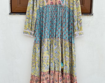 Hand Block Printed Cotton Maxi Dress: Boho Floral Patchwork, Long Sleeve