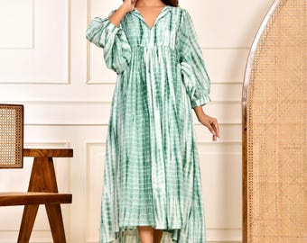 Handgemachtes Baumwoll Batik Midi Kleid | V-Ausschnitt Krawatte | 3/4 Puffärmel | Sommer Midi Kleid für Frauen