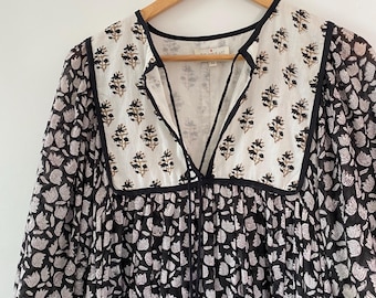 Hand Block Printed Cotton Midi Dress: Boho Floral Summer Dress
