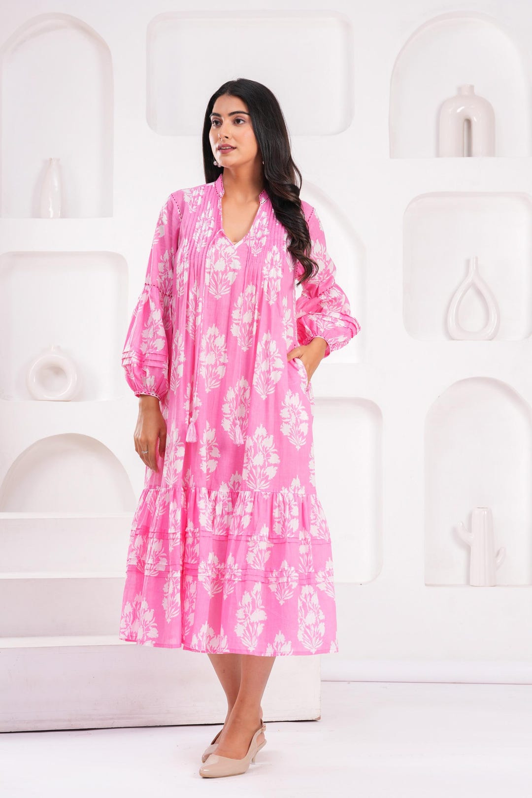 Hand Block Floral Cotton Midi Dress: Pink Jaipur Print Kantha Dress