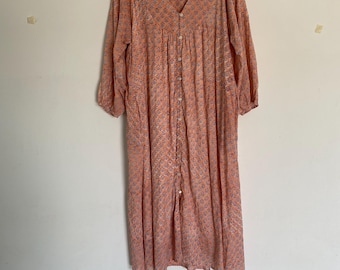 Peach Floral Cotton Midi Dress: Hand Block Printed Boho Summer Dress