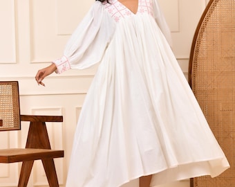 Handmade White Cotton Midi Dress | Embroidered Yoke, Cuff Sleeve