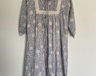 Blue Floral Cotton Midi Dress: Hand Block Printed Boho Summer Dress