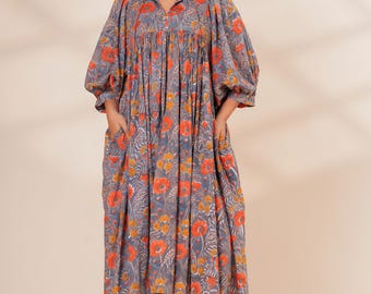 Hand Block Printed Cotton Midi Dress | Floral Puff Sleeve