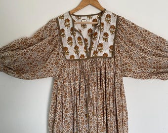 Floral Hand Block Print Cotton Midi Dress: Bohemian Summer Style