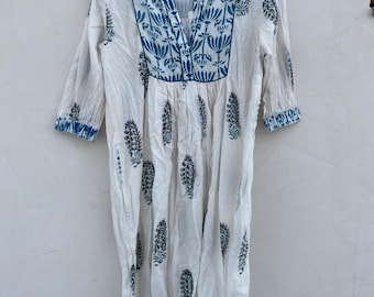 Hand Block Print Cotton Midi Dress: White & Indigo Blue, Bohemian Floral