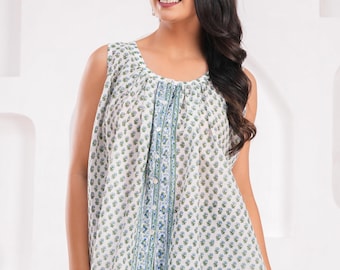 Hand Block Print Cotton Tunic Top: Indian Floral Blouse