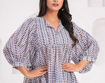 Hand Block Print Cotton Tunic Top: Indian Floral Blouse