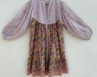 Hand Block Printed Cotton Mini Dress: Boho Floral Tiered Smock