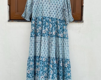 Hand Block Print Cotton Maxi Dress: Boho Floral Tiered Sundress