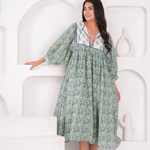 Hand Block bedrucktes Baumwoll Midi Kleid | Boho Sommer Baumwoll Kleid | Blumen Print Puff Ärmel Kleid | V-Schnürhalsausschnitt | Kleid mit Jaipur Print