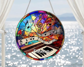 Personalized Piano Stained Glass Suncatcher, Colorful Sun Catcher, Unique Gift Suncatcher, Window Hanging Decor, Music Gifts For Her