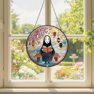 Solfångare i målat glas utan ansikte, färgglad solfångare med Spirited Away-motiv, unik presentsolfångare, fönsterdekor, present till Ghibli-fan bild 2