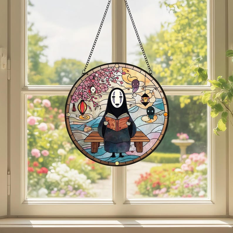 Solfångare i målat glas utan ansikte, färgglad solfångare med Spirited Away-motiv, unik presentsolfångare, fönsterdekor, present till Ghibli-fan bild 2