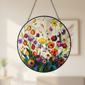 Attrape-soleil floral en vitrail, attrape-soleil fleurs sauvages colorés, attrape-soleil cadeau unique, décoration suspendue à la fenêtre, cadeau pour les amateurs de fleurs
