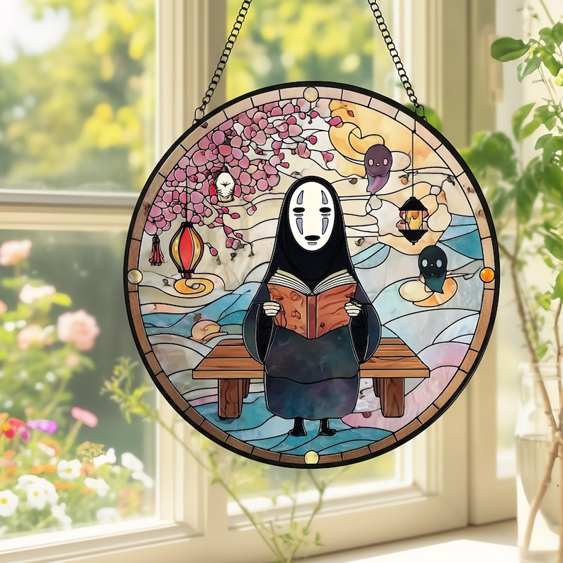 Solfångare i målat glas utan ansikte, färgglad solfångare med Spirited Away-motiv, unik presentsolfångare, fönsterdekor, present till Ghibli-fan bild 4