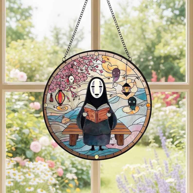 Solfångare i målat glas utan ansikte, färgglad solfångare med Spirited Away-motiv, unik presentsolfångare, fönsterdekor, present till Ghibli-fan bild 1
