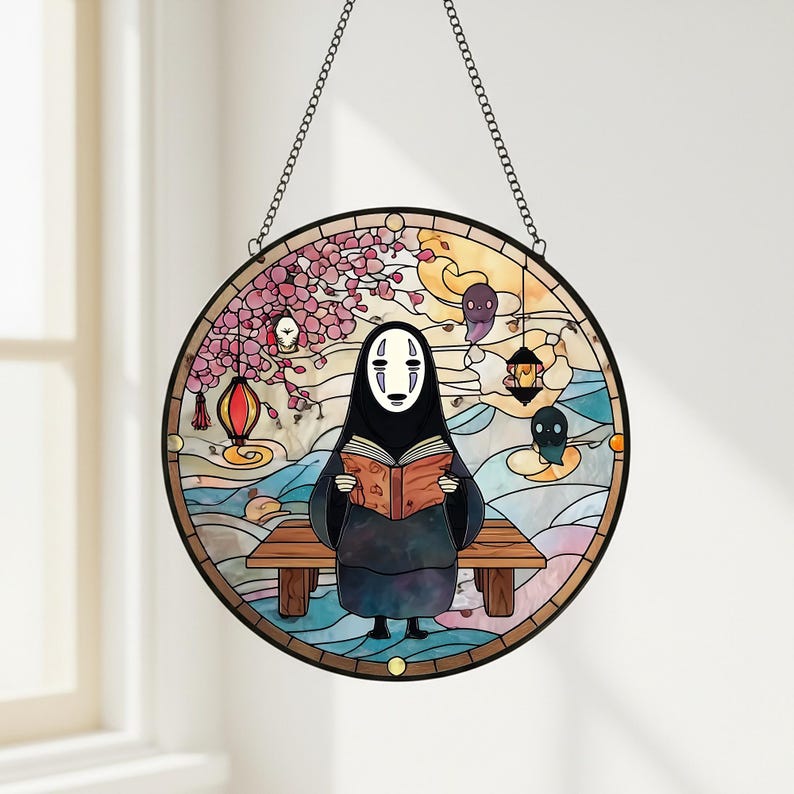 Solfångare i målat glas utan ansikte, färgglad solfångare med Spirited Away-motiv, unik presentsolfångare, fönsterdekor, present till Ghibli-fan bild 7