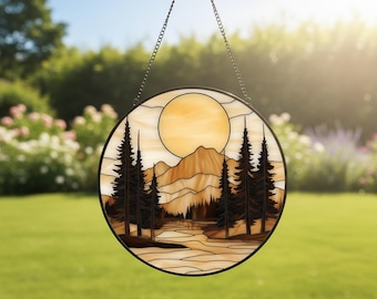 Sunset Mountain Forest Stained Glass Suncatcher, Colorful Sun Catcher, Unique Gift Suncatcher, Window Hanging Decor, Gift For Nature Lovers