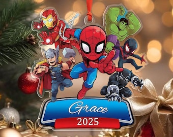 Enfeite personalizado de super-heróis de 2025, enfeites de acrílico personalizados, decoração divertida para árvore de Natal, presente perfeito para fãs de super-heróis, presentes de Natal.