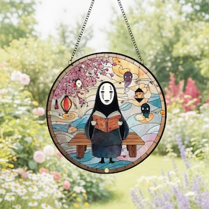 Solfångare i målat glas utan ansikte, färgglad solfångare med Spirited Away-motiv, unik presentsolfångare, fönsterdekor, present till Ghibli-fan bild 6