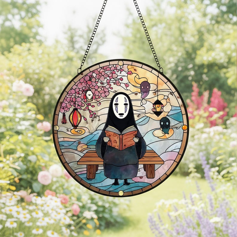 Solfångare i målat glas utan ansikte, färgglad solfångare med Spirited Away-motiv, unik presentsolfångare, fönsterdekor, present till Ghibli-fan bild 6
