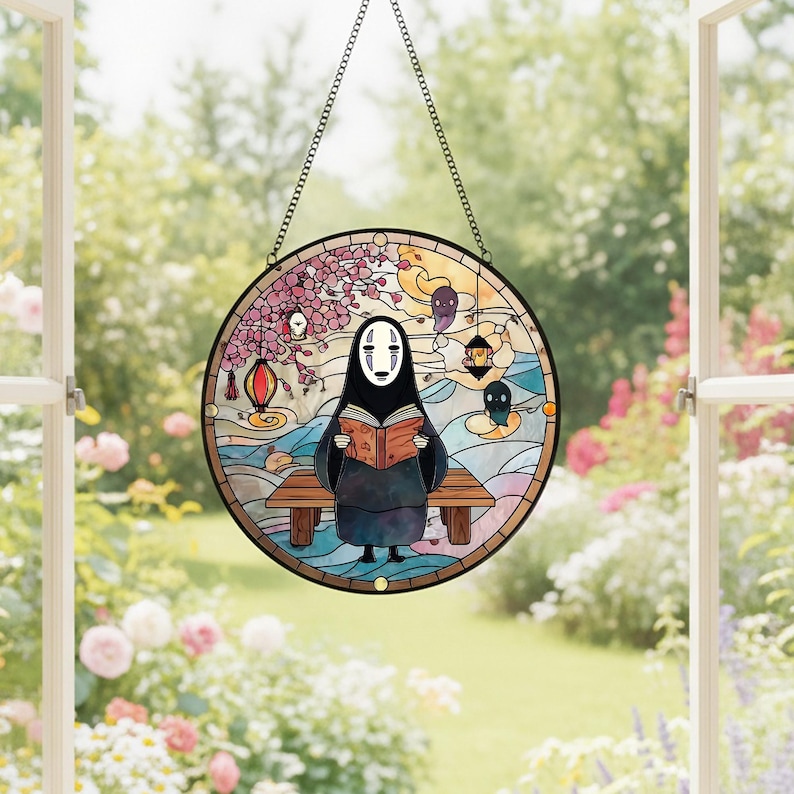 Solfångare i målat glas utan ansikte, färgglad solfångare med Spirited Away-motiv, unik presentsolfångare, fönsterdekor, present till Ghibli-fan bild 8