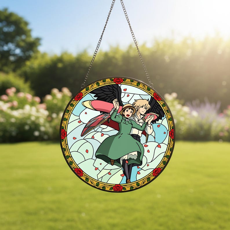 May include: Round stained glass window featuring a cartoon couple dancing. The window has a black border with red roses and a gold trim. The background is a blue sky with white clouds and red rose petals.