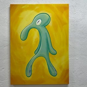 May include: A painting of the character Bold and Brash from the animated series Spongebob Squarepants. The artwork features the character in a teal color with a yellow background. The painting is on a rectangular canvas.