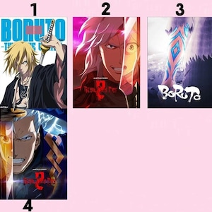 Op de afbeelding: Vier anime posters. De poster linksboven toont een blonde personage met een zwaard met de tekst "BORUTO" en andere tekst. De poster rechtsboven heeft een personage met wit haar en de tekst "BORUTO". De posters linksonder en rechts tonen personages met wit haar en de tekst "DEVIL MAY CRY 2".