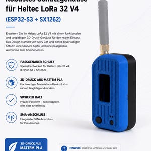 Op de afbeelding: Een blauwe en zwarte 3D-geprinte beschermende behuizing voor het Heltec LoRa 32 V4 ESP32-S3 SX1262 ontwikkelbord. De rechthoekige behuizing is voorzien van een verticale antenne aan de bovenkant, een centrale display-uitsparing en twee ronde knoppen.