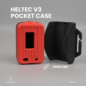 Könnte beinhalten: Rote Heltec V3-Taschenhülle mit schwarzem Bildschirm und schwarzem Molle-Clip. Die Hülle hat eine strukturierte Oberfläche. Der Text auf dem Bild lautet "HELTEC V3 POCKET CASE" und "Molle Clip".