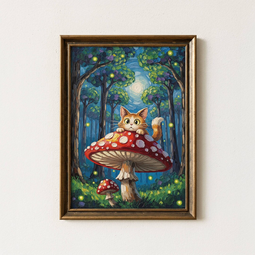 Cute Cat Print, Whimsical Mushroom Art Poster, Magical Forest Wall ...