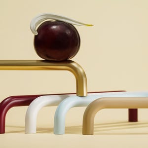 Peut inclure: Composition de nature morte avec une prune foncée et un pétale blanc, équilibrée sur une structure métallique dorée. En dessous, quatre barres métalliques incurvées en bordeaux, blanc, bleu clair et beige sont disposées en rangée.
