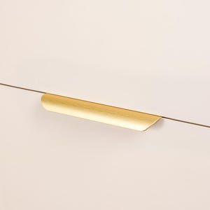Può includere: Una maniglia per mobili dorata con un design curvo. La maniglia è montata su un'anta dell'armadio di colore chiaro. L'immagine è un primo piano della maniglia e dell'anta dell'armadio.