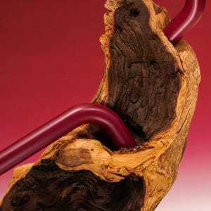 May include: A close-up of a decorative object featuring a piece of weathered wood with a dark burgundy, curved rod inserted through it. The wood has a rough, textured surface with varying shades of brown and tan. The background is a gradient of red and white.